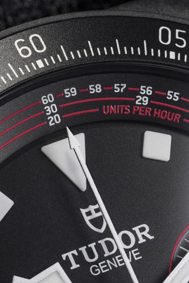 面盘外围的三圈红色测速计刻度是为自行车运动所量身打造，选手在比赛进行期间使用计时功能之际便能够借此判读出自己的平均速度。