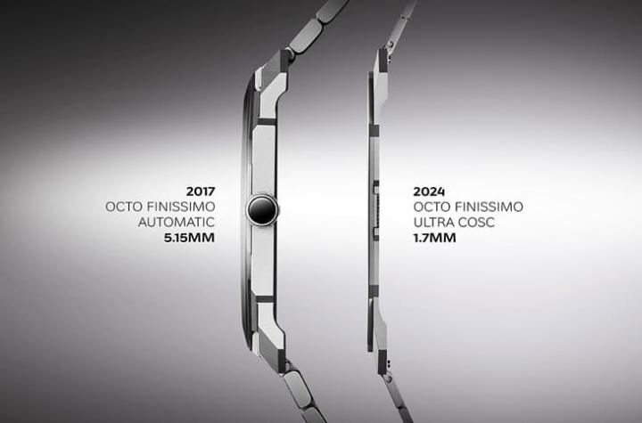 宝格丽2024年创作的Octo Finissimo Ultra COSC整体厚度仅1.7mm，相较7年前品牌打破超薄自动表纪录的作品明显薄上许多。